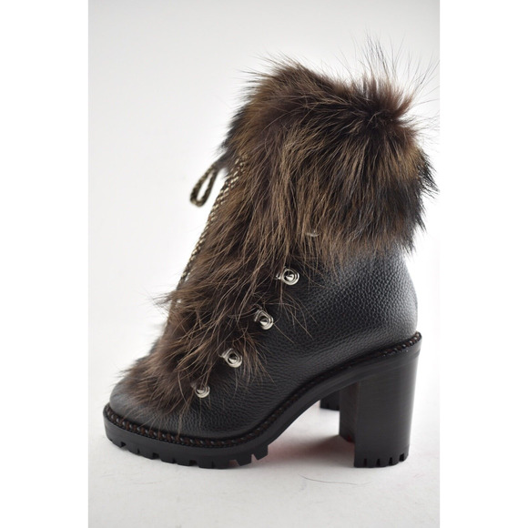Christian Louboutin Fanny 70 Black Brown Fur Leather Tie Heel Combat Boot 34 - Picture 9 of 12